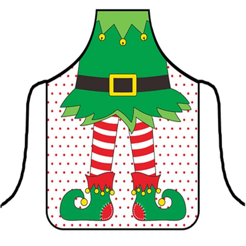 Festive apron featuring an elf outfit design with a green top, jagged hem, yellow belt buckle, striped red and white leggings, and pointy green shoes with red and yellow accents.