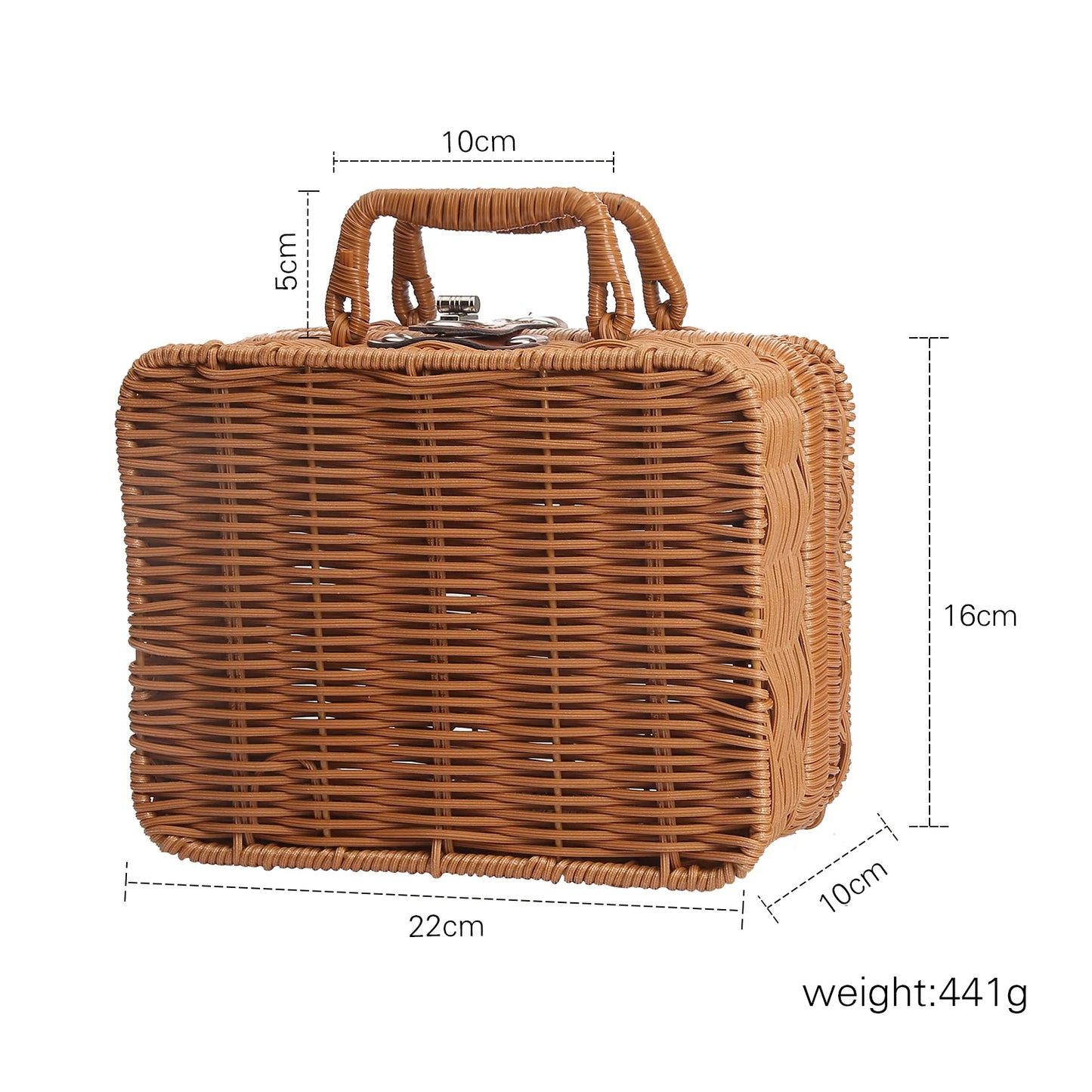 Rectangular wicker basket with a curved handle and clasp. Dimensions: 22cm x 16cm x 10cm, handle height 5cm, and weight 441g.