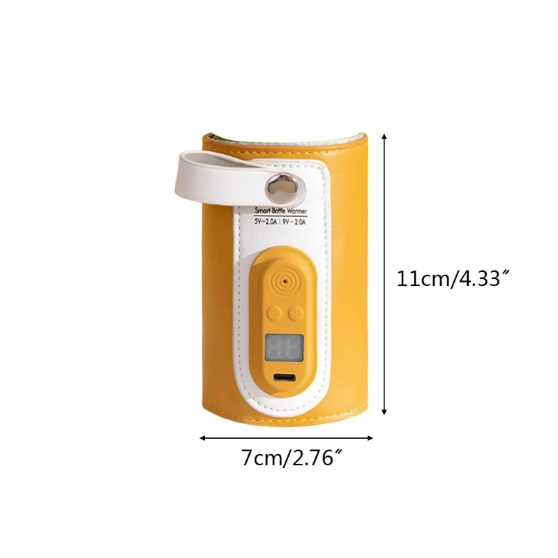 Yellow smart bottle warmer with white strap and digital display, measuring 11cm tall and 7cm wide.