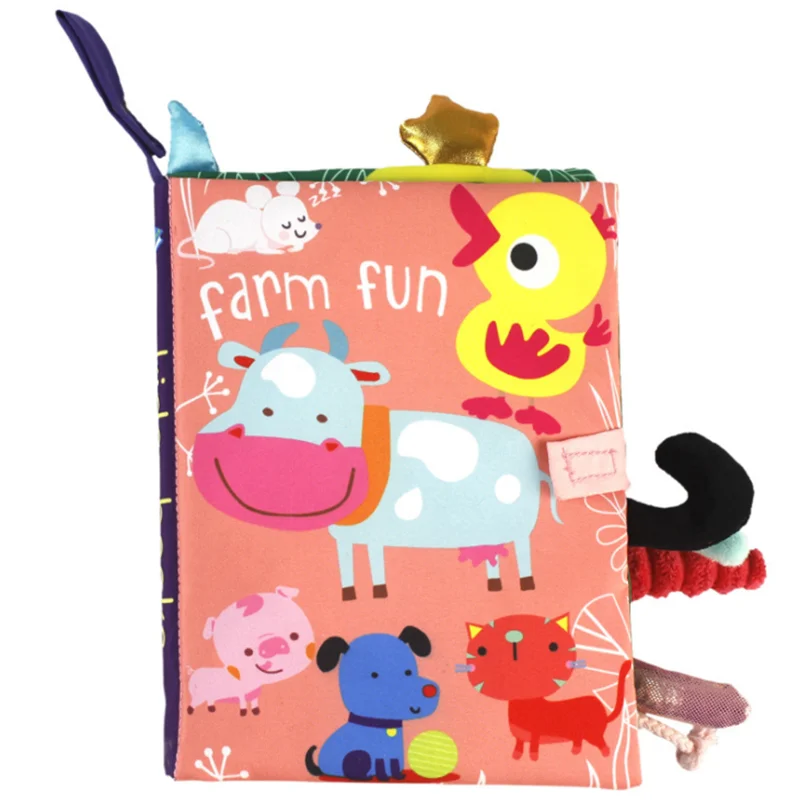 Colorful cloth book titled "Farm Fun" with illustrations of a cow, duck, pig, dog, cat, and mouse. Features playful tabs and textures for interactive learning.