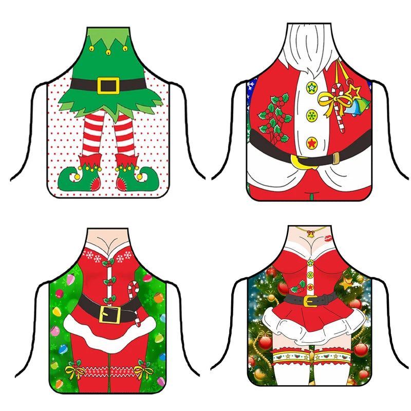 Four festive aprons with holiday-themed designs: an elf outfit, Santa's suit with holly, a red dress with candy cane accents, and a red winter outfit with ornamental backgrounds.