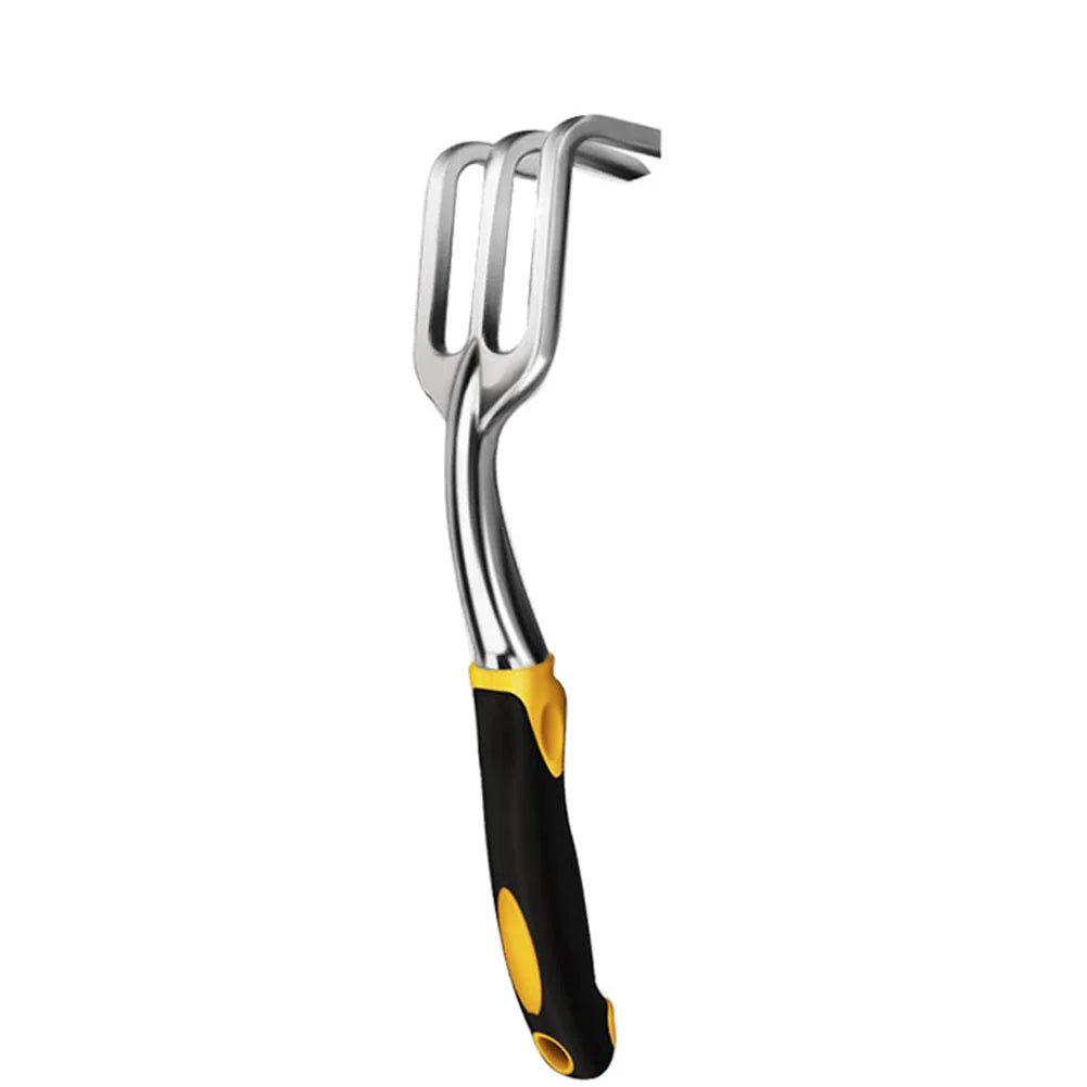 Dual-pronged garden weeder with stainless steel tines and an ergonomic black and yellow handle designed for easy weeding and soil loosening.