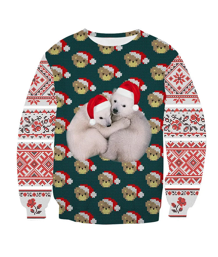 Festive sweater featuring two hugging polar bears wearing Santa hats. The background showcases Santa bear faces, and the sleeves display a red and white knitted pattern.