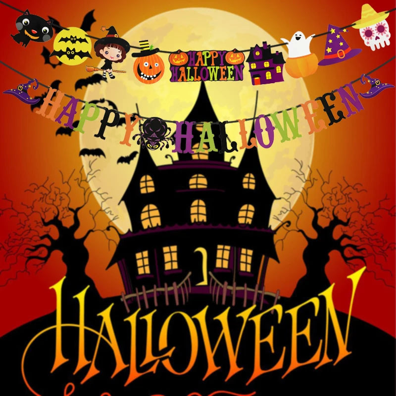 A haunted house is silhouetted against a full moon, with bats flying nearby. Colorful letters and Halloween-themed icons, such as pumpkins, witches, and ghosts, hang above, spelling out "Happy Halloween" in bright colors. Bare trees frame the scene, enhancing the spooky atmosphere.