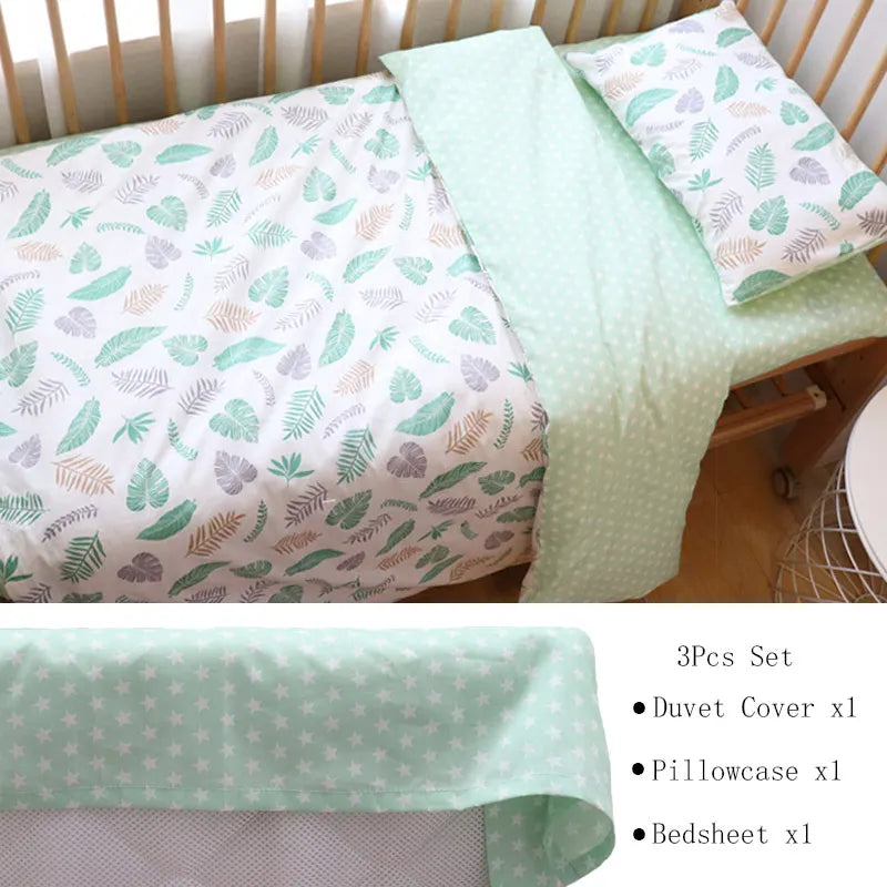 Mint green bedding set with leaf print on the duvet and pillowcase, paired with a star-patterned bedsheet. Includes duvet cover, pillowcase, and bedsheet.