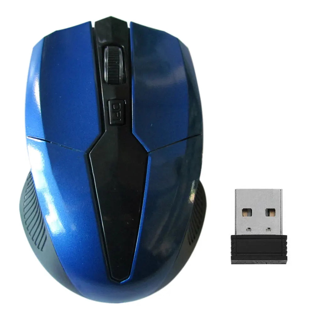 A blue and black wireless computer mouse with a USB receiver beside it. The mouse features a scroll wheel and DPI button on top.