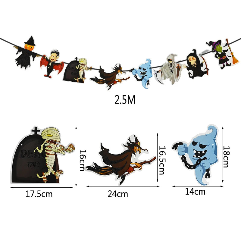 Halloween-themed garland measuring 2.5 meters in length. It features various characters, including a pumpkin head, vampire, mummy, witch, ghost, and skeleton. Detailed dimensions of characters include a tomb with mummy at 17.5cm tall, a witch at 24cm, and a ghost at 18cm.