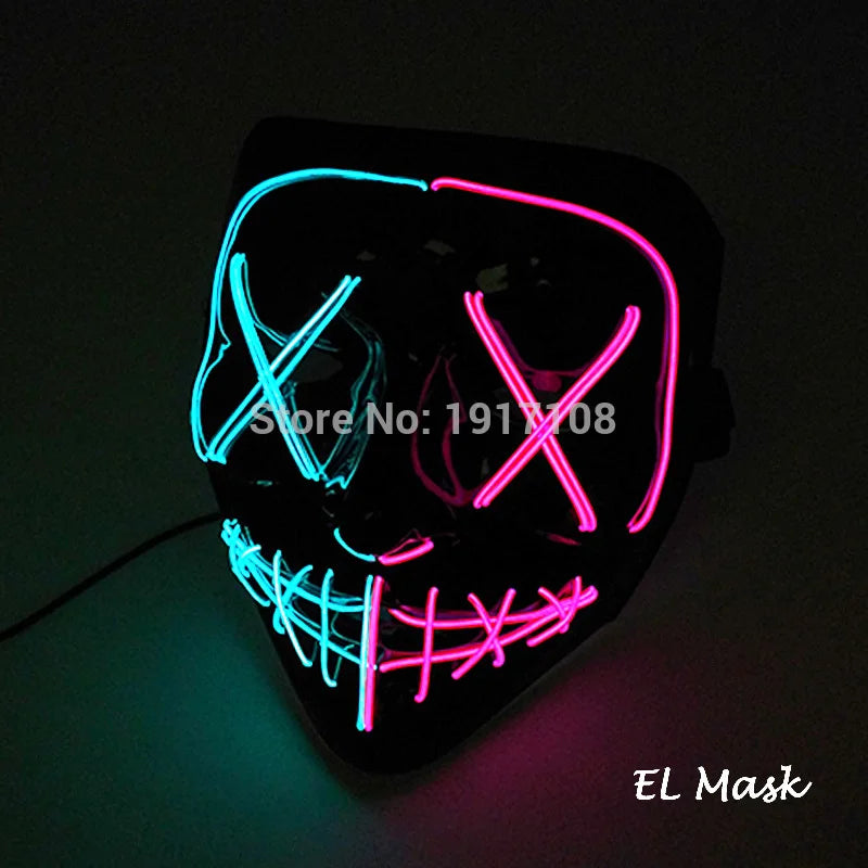 Glowing mask with neon pink and blue lines forming Xs over eyes and a stitched mouth pattern, set against a dark background. Text reads "EL Mask" at the bottom.