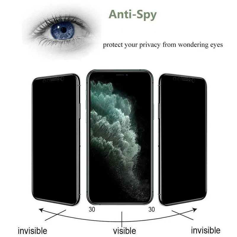 Anti-Spy phone screen image shows three phones. Center screen is visible; side screens are invisible, promoting privacy. Text reads, "protect your privacy from wondering eyes."