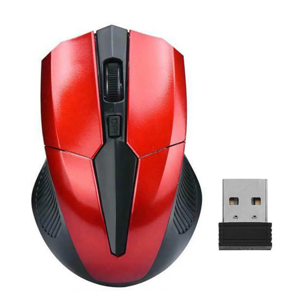 Red and black wireless mouse with scroll wheel, alongside a USB receiver, displayed on a white background.