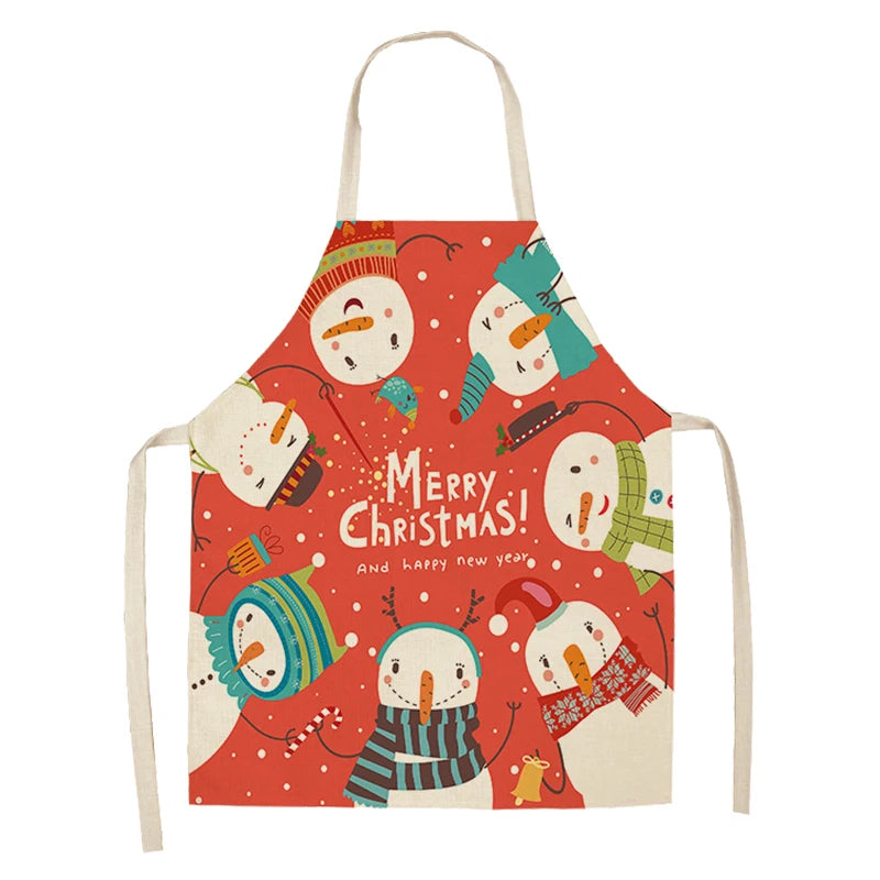 Festive apron featuring cheerful snowmen in hats, scarves, and mittens on a red background. Text reads "Merry Christmas and Happy New Year" with playful snowflakes.