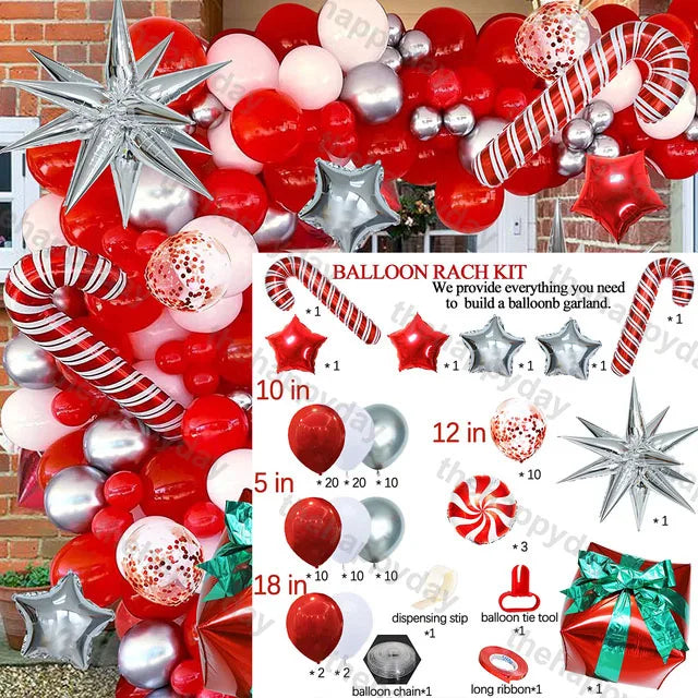 Festive balloon arch kit with red, silver, and white balloons, candy cane, and star shapes. Includes size details and tools for assembly. Perfect for holiday decor.