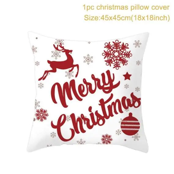 White pillow cover with "Merry Christmas" in red script, decorated with a leaping reindeer, snowflakes, and a patterned ornament. Size: 45x45 cm (18x18 inches).