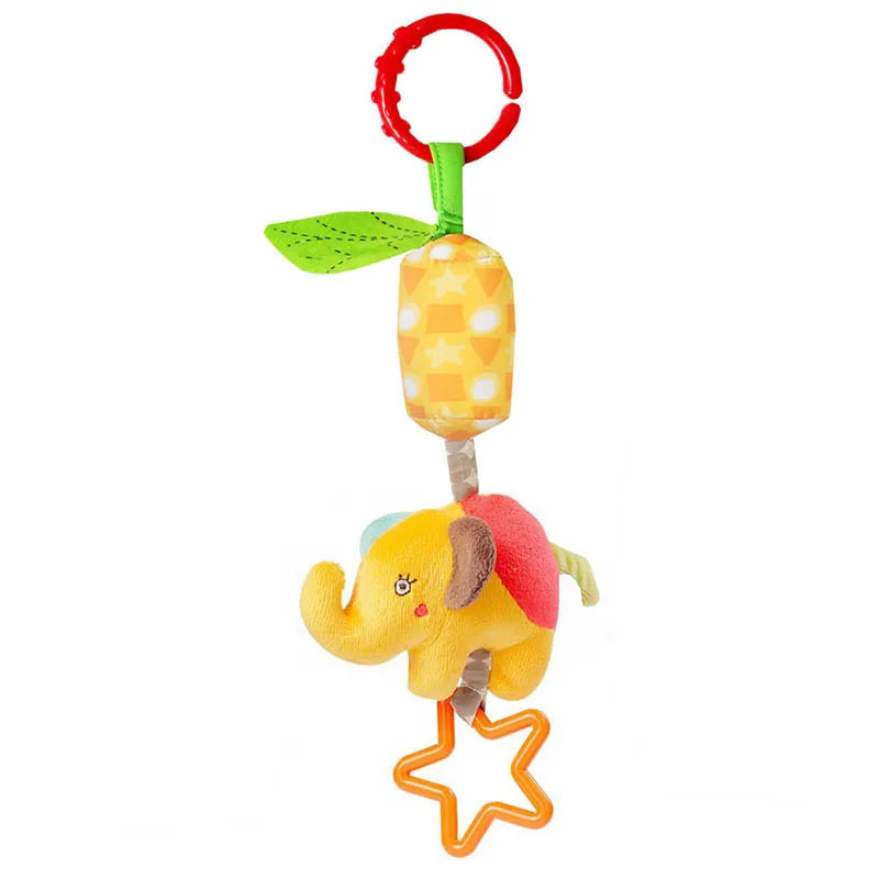 A colorful baby toy featuring a plush yellow elephant with a red saddle, hanging from a red ring. It includes a green leaf and an orange star-shaped teether.