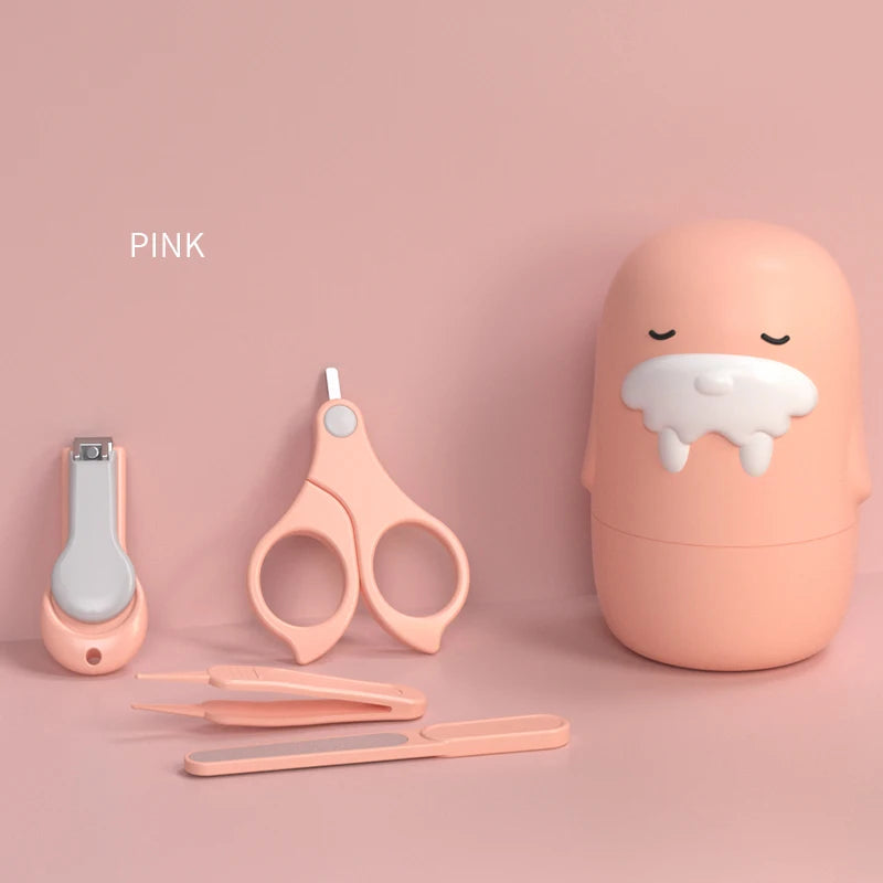 Pink baby grooming set with nail clippers, scissors, tweezers, and a nail file, alongside a cute capsule-shaped container with a sleepy face.