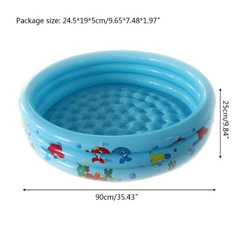 Blue inflatable kiddie pool decorated with colorful sea animals. Dimensions: 90 cm in diameter and 25 cm in height. Package size: 24.5 x 19 x 5 cm.