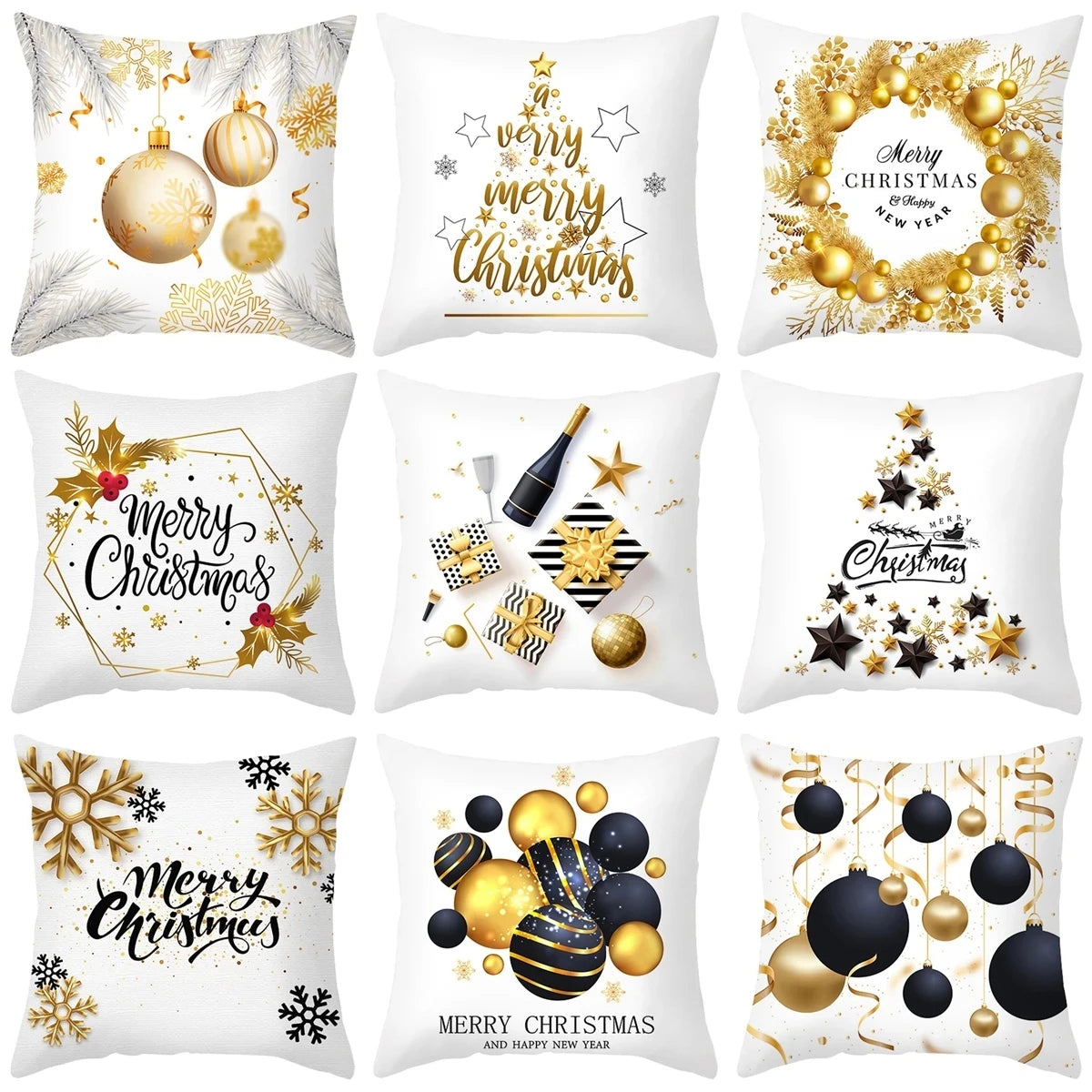 A grid of nine Christmas-themed pillows featuring gold, black, and white designs with ornaments, stars, and festive messages like "Merry Christmas" and "Happy New Year" in stylish fonts.