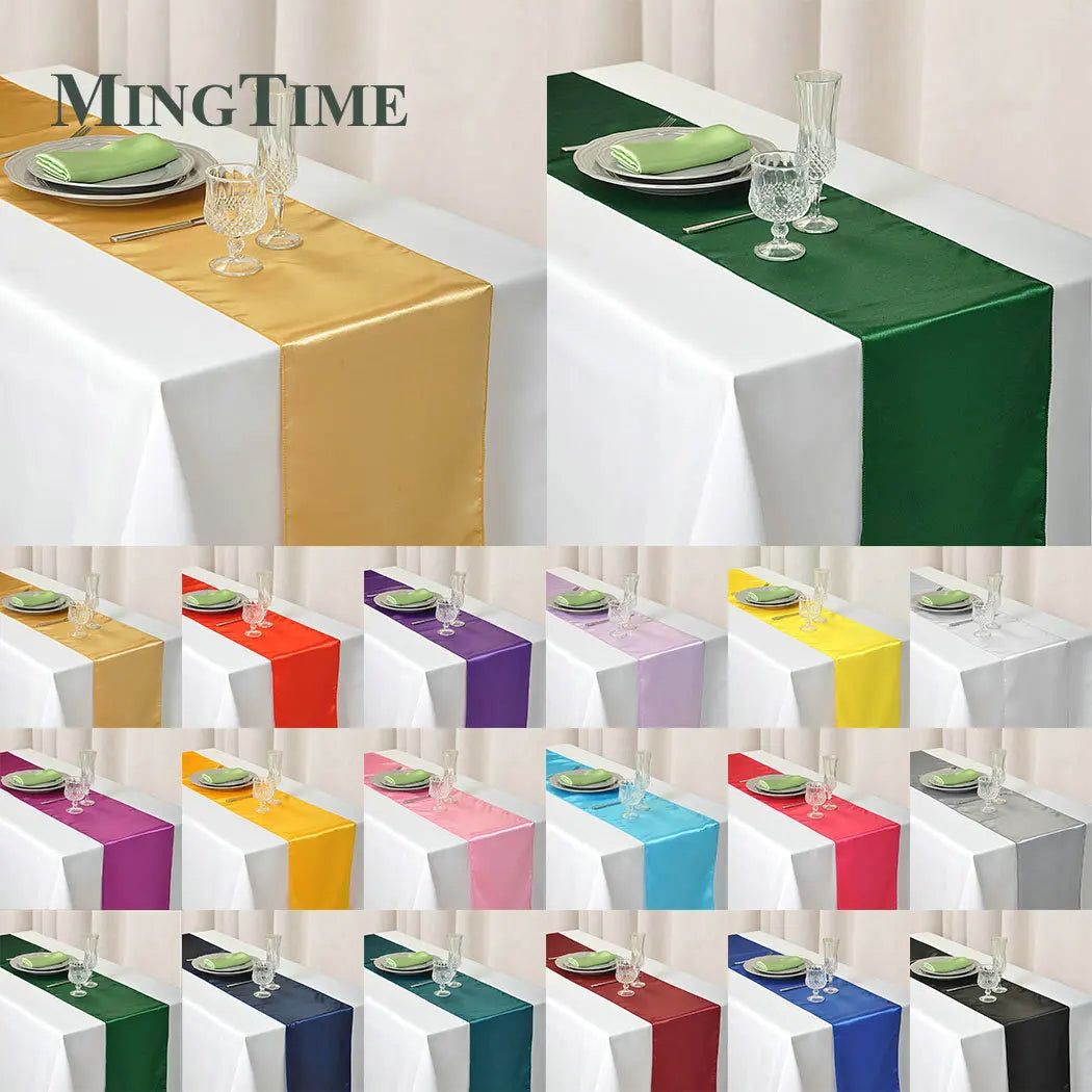 Collage of tables with white tablecloths and various colored satin runners. Each table is set with green napkins, plates, and glasses, showcasing options by MingTime.