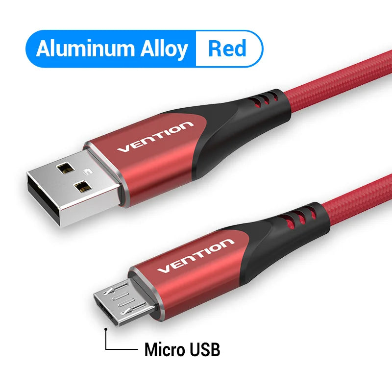 Red Vention aluminum alloy USB to Micro USB cable. The design features black accents with labels indicating connector types.