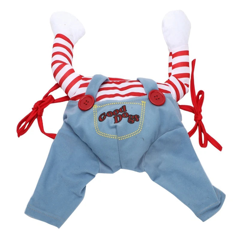 Striped red-and-white dog costume with blue overalls labeled "Good Dogs." Includes red side ties and large buttons. Designed for pets, it mimics a small figure with raised arms.