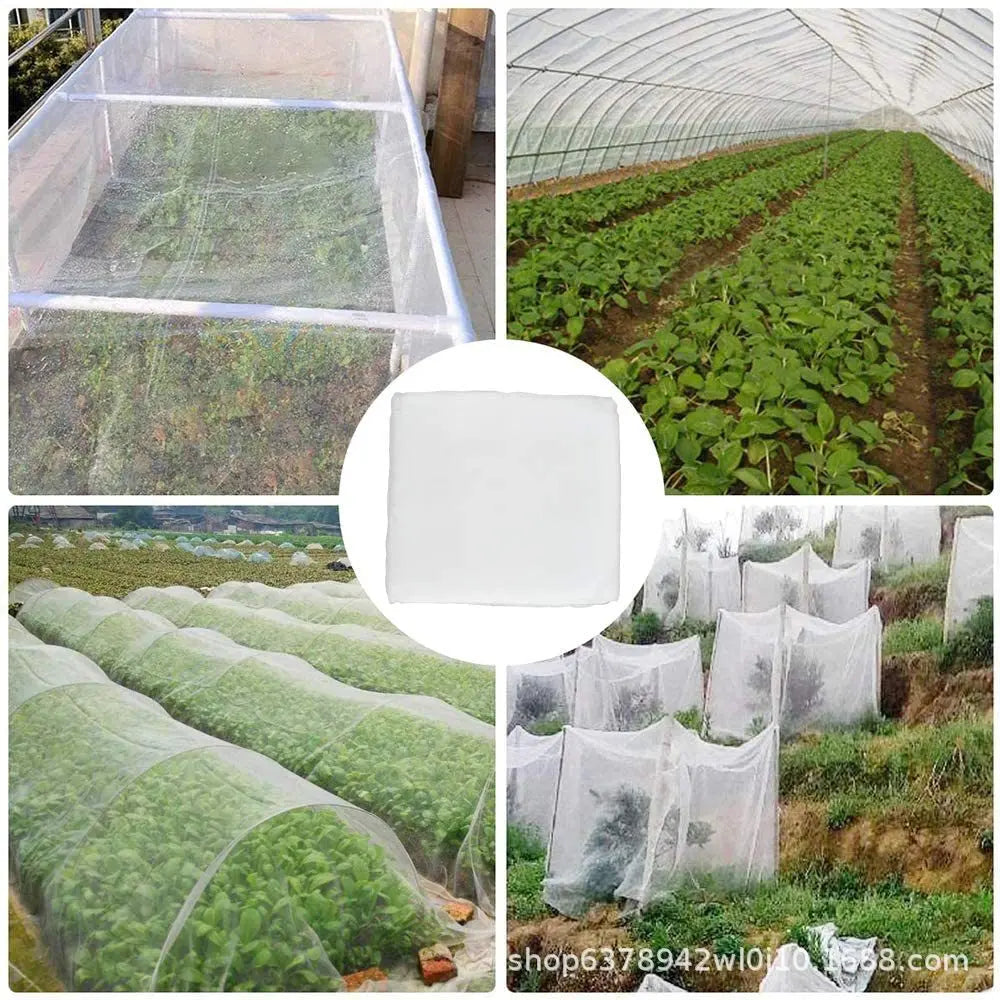 Collage of various gardens using white mesh netting for protection, showing different methods of covering crops within frames, hoop tunnels, and larger field setups.