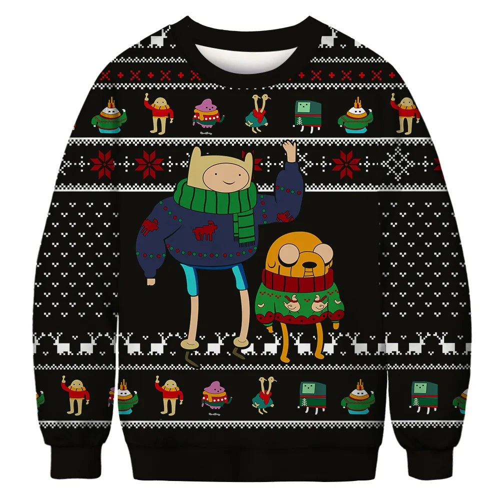 Black holiday sweater with cartoon characters, including a tall figure in a blue and green scarf and a shorter one in a red and green outfit, surrounded by festive symbols.