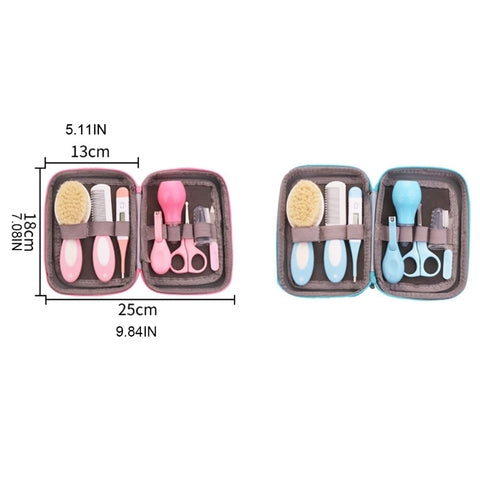 Two compact grooming kits are shown, one pink and one blue, each with a brush, comb, nasal aspirator, scissors, and nail clippers. Dimensions: 25cm x 18cm x 13cm.