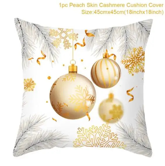Festive cushion cover with gold ornaments, snowflakes, and silver pine branches on a white background. Size: 45cm x 45cm (18x18 inches).