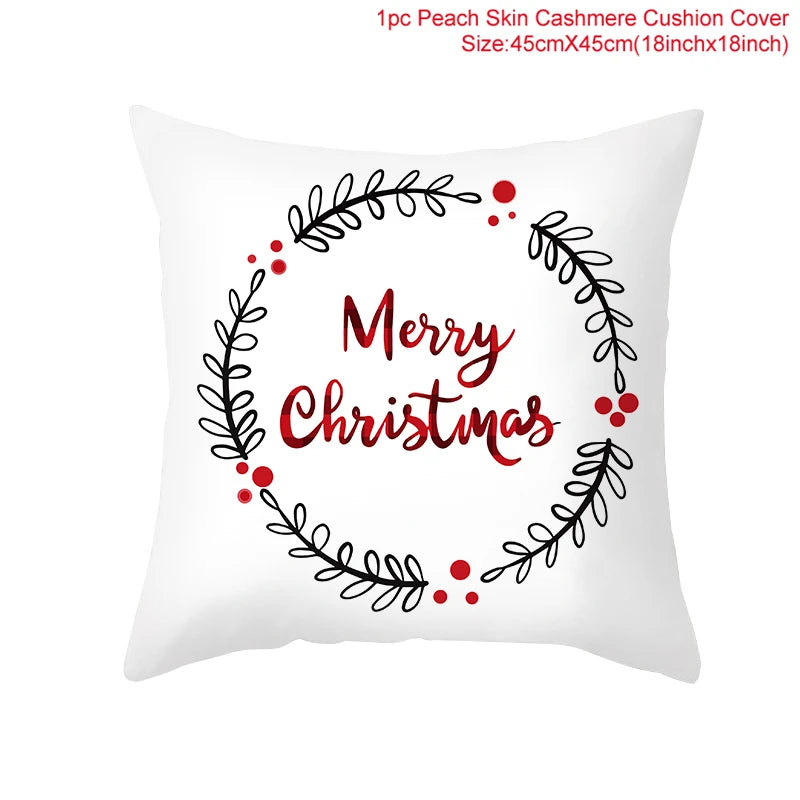 White cushion cover with a black and red wreath design featuring the text "Merry Christmas" in the center. Dimensions: 45x45cm (18x18 inches).
