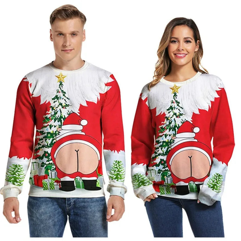 Two people wear humorous Christmas sweaters depicting Santa from behind, revealing his buttocks. The design includes a Christmas tree and presents on a red background.