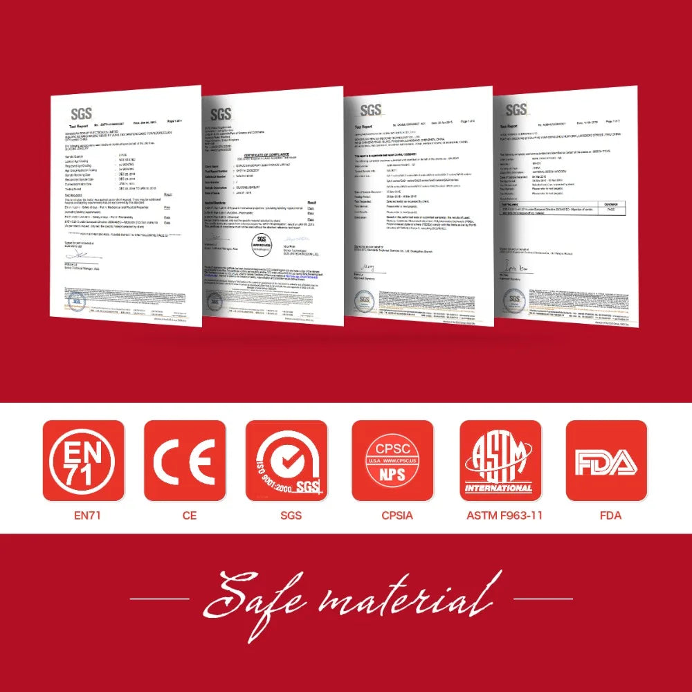 Certificates displayed with logos for EN71, CE, SGS, CPSC, ASTM F963-11, and FDA on a red background. Text below reads "Safe material" in cursive.