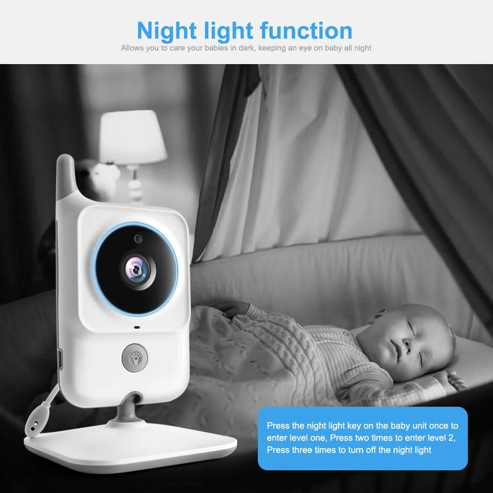 A baby monitor with night light function is placed near a sleeping baby in a crib. Instructions for adjusting the night light level are shown in blue text next to the device.