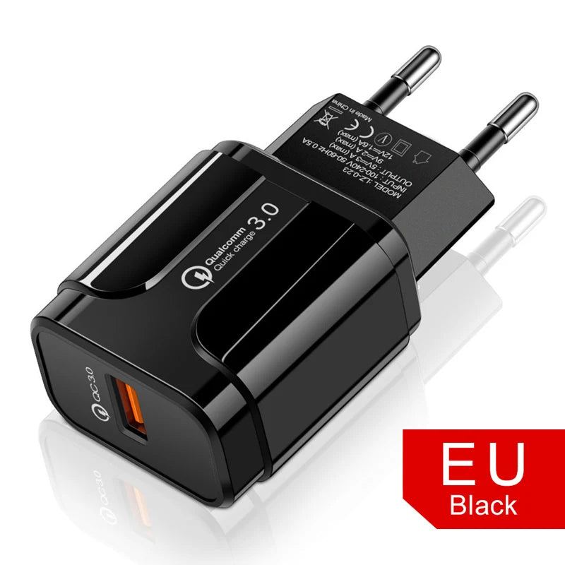 Black EU plug Quick Charge 3.0 wall adapter with orange USB port. Compact design, labeled with Qualcomm Quick Charge 3.0 logo, on a sleek reflective surface.