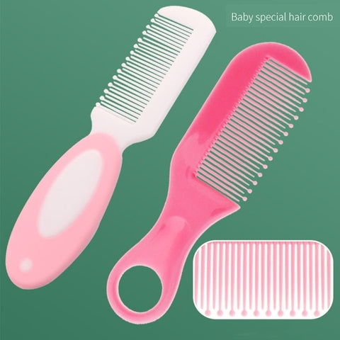 Two baby hair combs, one white with a pink handle and the other entirely pink, are displayed on a green background. The text reads "Baby special hair comb."
