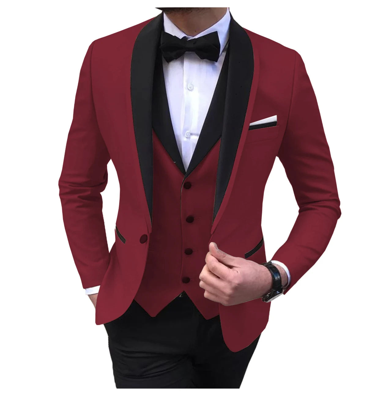 A person wearing a formal maroon suit with black lapels, a matching vest, white dress shirt, and a black bow tie, against a plain background.