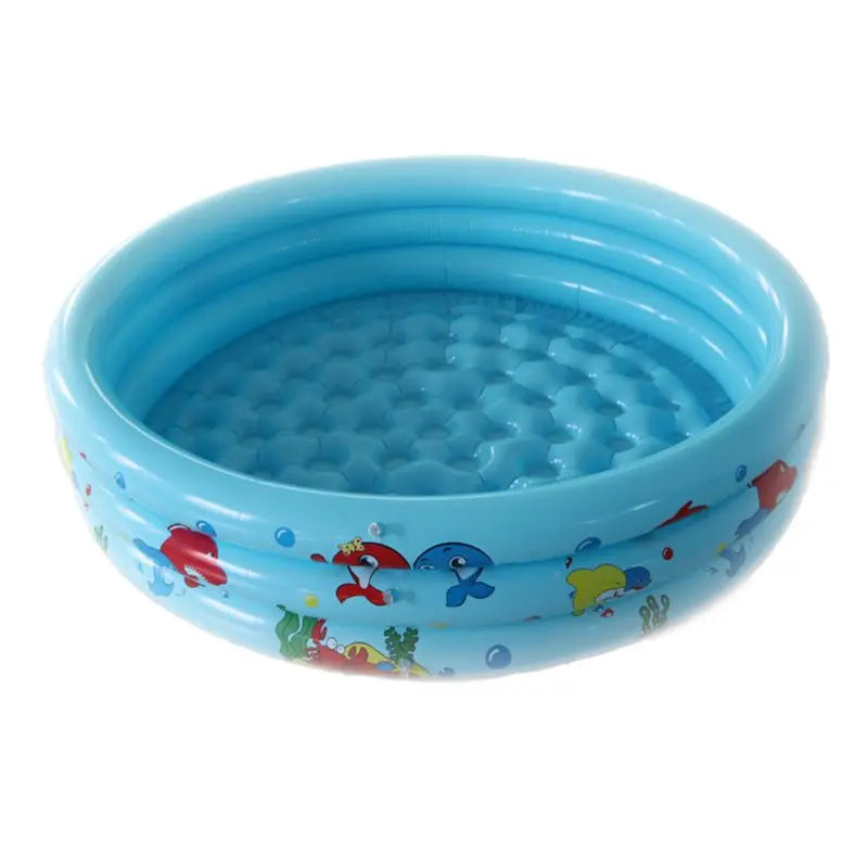 Blue inflatable kiddie pool with ocean-themed illustrations of fish and sea creatures. The pool has three rings and a textured bottom for comfort.