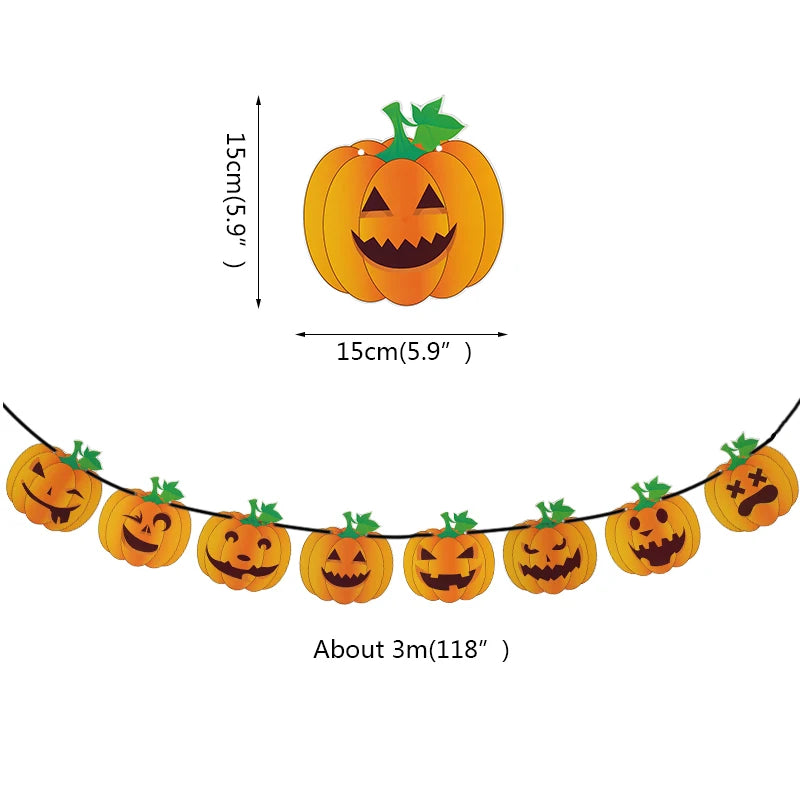 Halloween-themed garland featuring orange pumpkin faces with various expressions, each measuring 15 cm (5.9 inches) in diameter. The entire garland spans approximately 3 meters (118 inches) in length, connected by a black string, ideal for festive decoration.