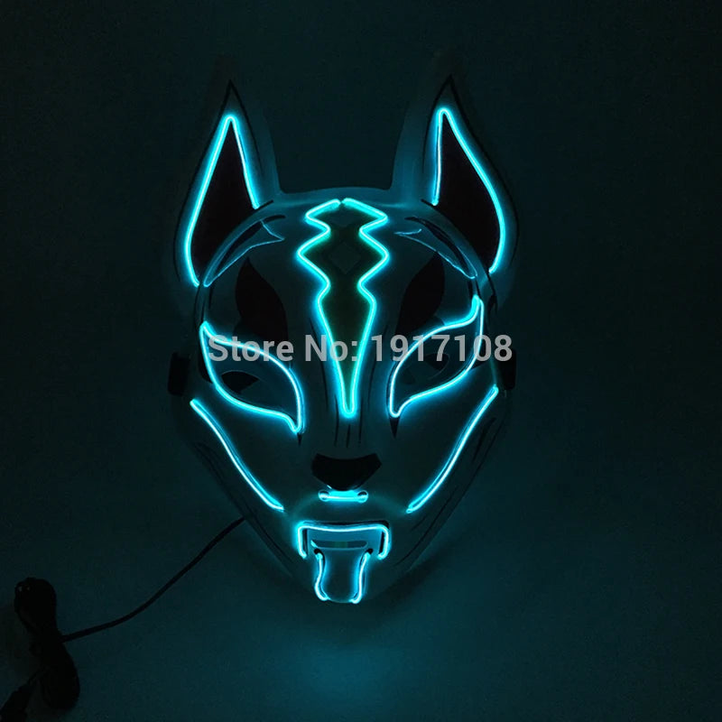 A glowing fox-shaped mask with blue neon outlines and intricate patterns on the forehead and cheeks, displayed against a dark background.