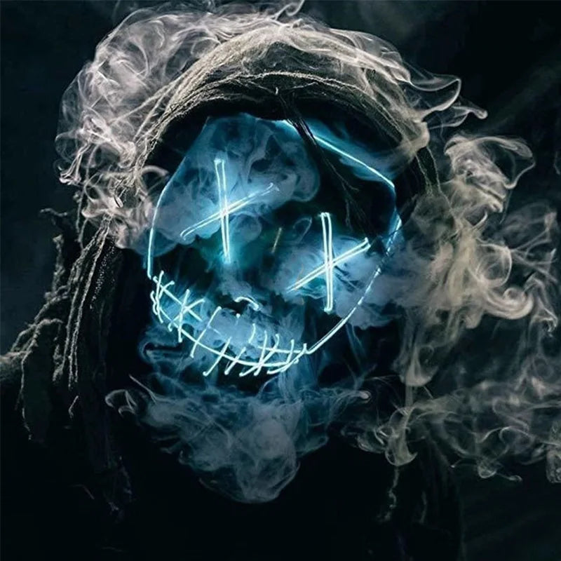 A hooded figure with a glowing, neon-blue mask featuring X-shaped eyes and a stitched mouth, surrounded by swirling smoke, set against a dark background.