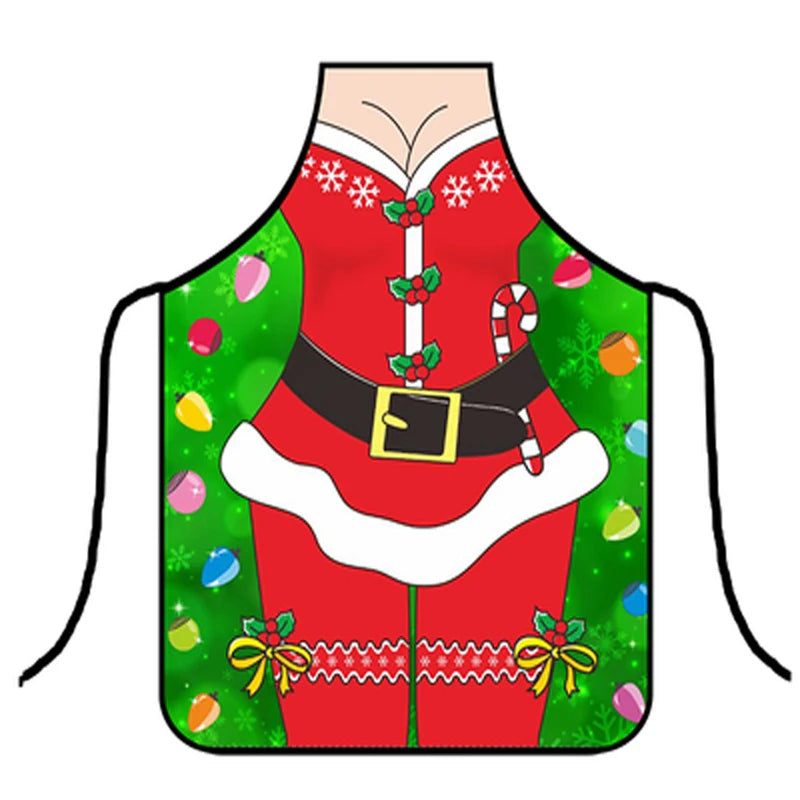 Festive apron featuring a Santa-themed design with a red outfit, candy cane, black belt, and snowflake motifs. Green background decorated with colorful Christmas lights.