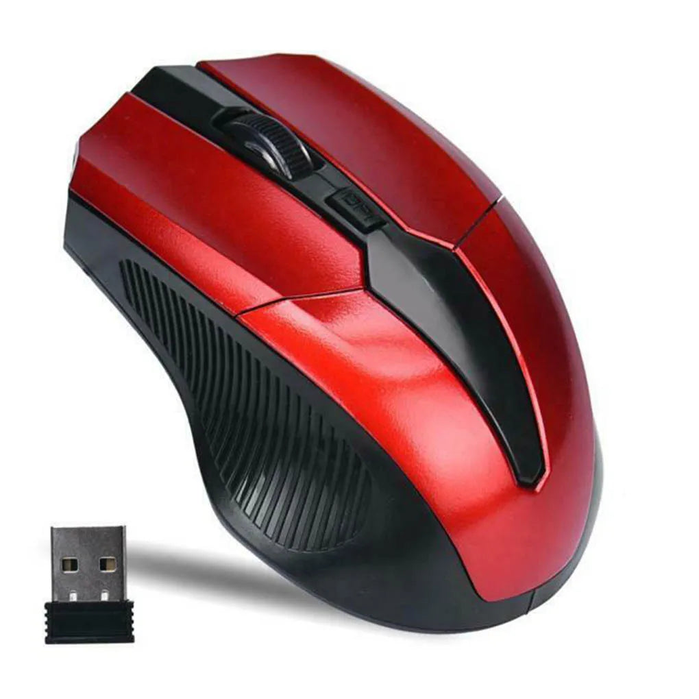 Red wireless computer mouse with black accents, featuring a scroll wheel and DPI button on top. A small USB receiver sits beside it.