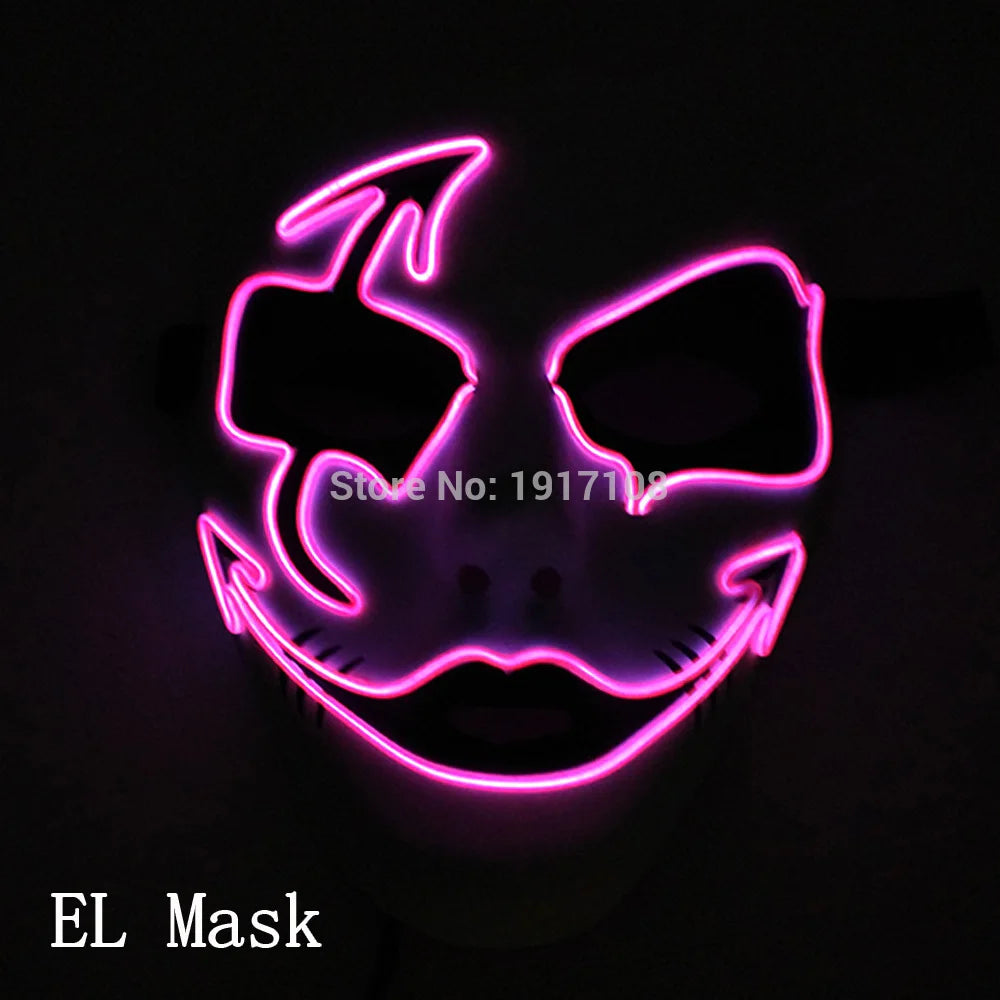 Glowing mask with pink neon outline, featuring sinister eyes and a jagged smile. The dark background enhances the eerie effect. Text on image reads "EL Mask."