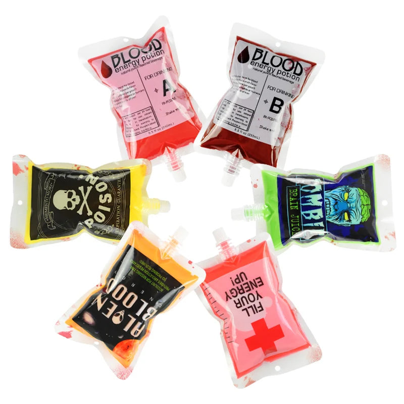 A set of novelty drink pouches arranged in a circle, resembling blood bags. Each pouch features unique designs, including "Blood Energy," "Poison," and "Zombie Brain Juice."