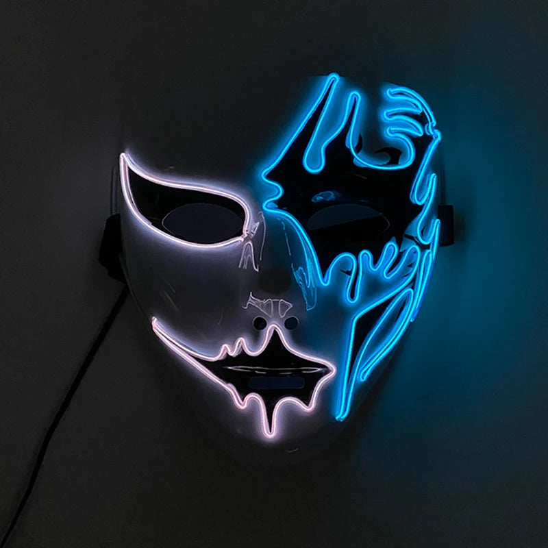Glowing white and blue half-face mask against a dark background, featuring sharp black eye openings and a symmetrical design for an edgy, futuristic look.