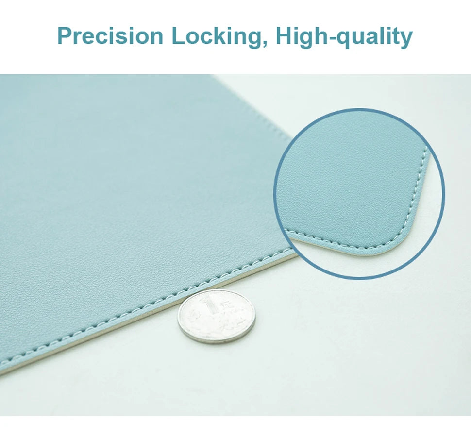 Close-up of a light blue leather surface with precision stitching. A magnified view shows the quality, and a coin is placed beside the edge for scale. Text: "Precision Locking, High-quality."