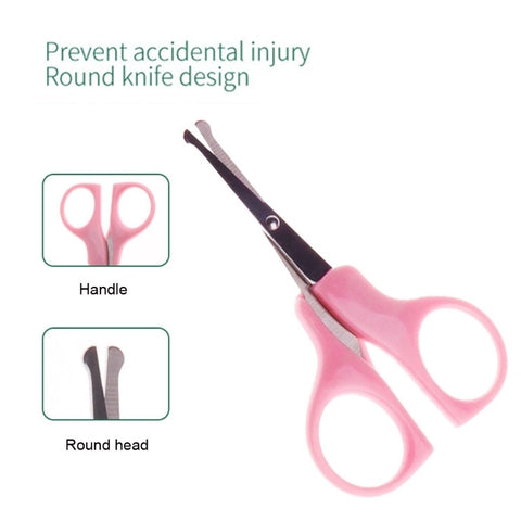 Pink safety scissors with rounded tips to prevent injury. Features a round knife design and ergonomic handles. Highlighted elements include the handle and round head.