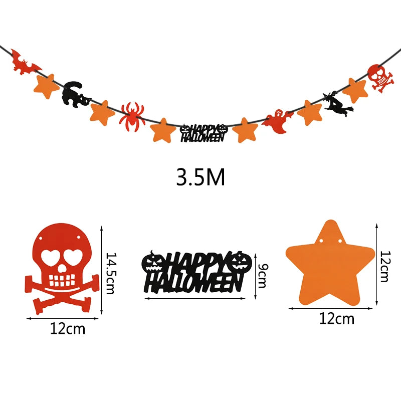 Halloween garland featuring a 3.5-meter string with orange stars, black cats, spiders, ghosts, and red skulls. Includes measurements: skull 14.5x12 cm, "Happy Halloween" sign 9 cm tall, star 12x12 cm. The decorations alternate across the string, creating a festive Halloween theme.