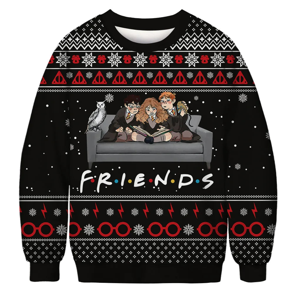 Black sweater with cartoon characters sitting on a couch, styled after a popular TV show logo. Features wizard motifs like glasses and owls with snowflake and lightning patterns.