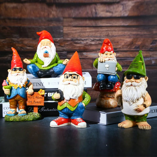 Quirky garden gnomes with red hats and beards, holding items like a drink, phone, and laptop. One meditates, another wears sunglasses. Set against a wooden background.