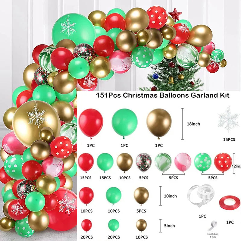 Festive balloon garland with red, green, and gold balloons, some with snowflakes, and a Christmas tree. Includes a 151-piece kit layout with sizes and accessories.